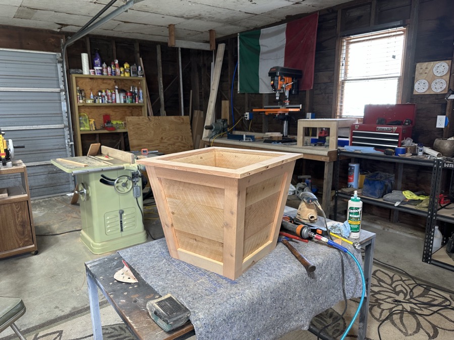Handmade cedar planter in the workshop during build process